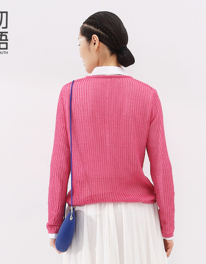 初语夏季新品 镂空合体长袖毛针织衫女8530323019 玫红 L