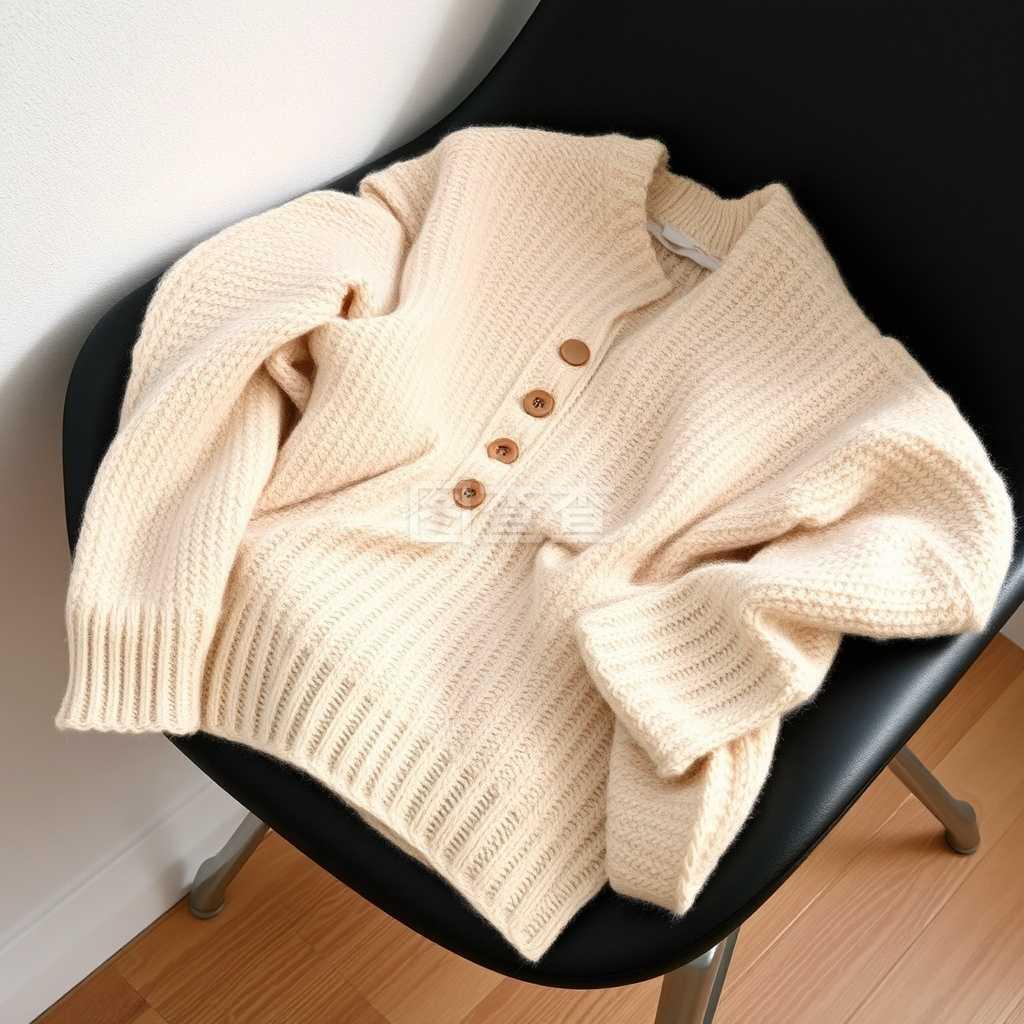 针织羊毛衣服放在黑色的椅子上。用天然羊毛做的衣服,以备寒冷季节使用。