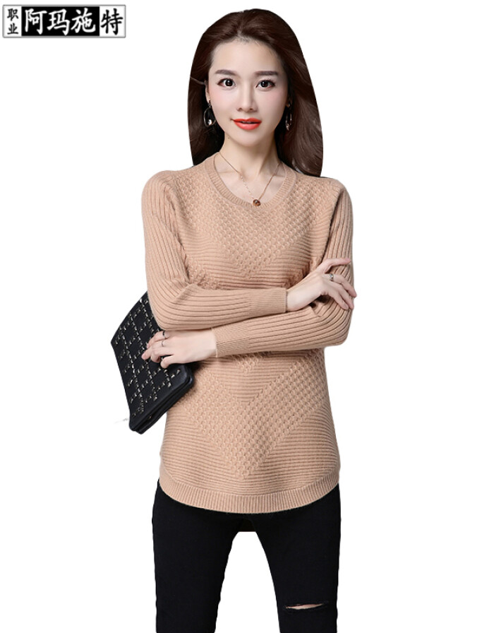职业阿玛施特女装旗舰店品牌专柜正品2016秋冬新款女士时尚开叉中长款长袖套头针织毛衣 黑色圆领长袖针织衫 S(2码)